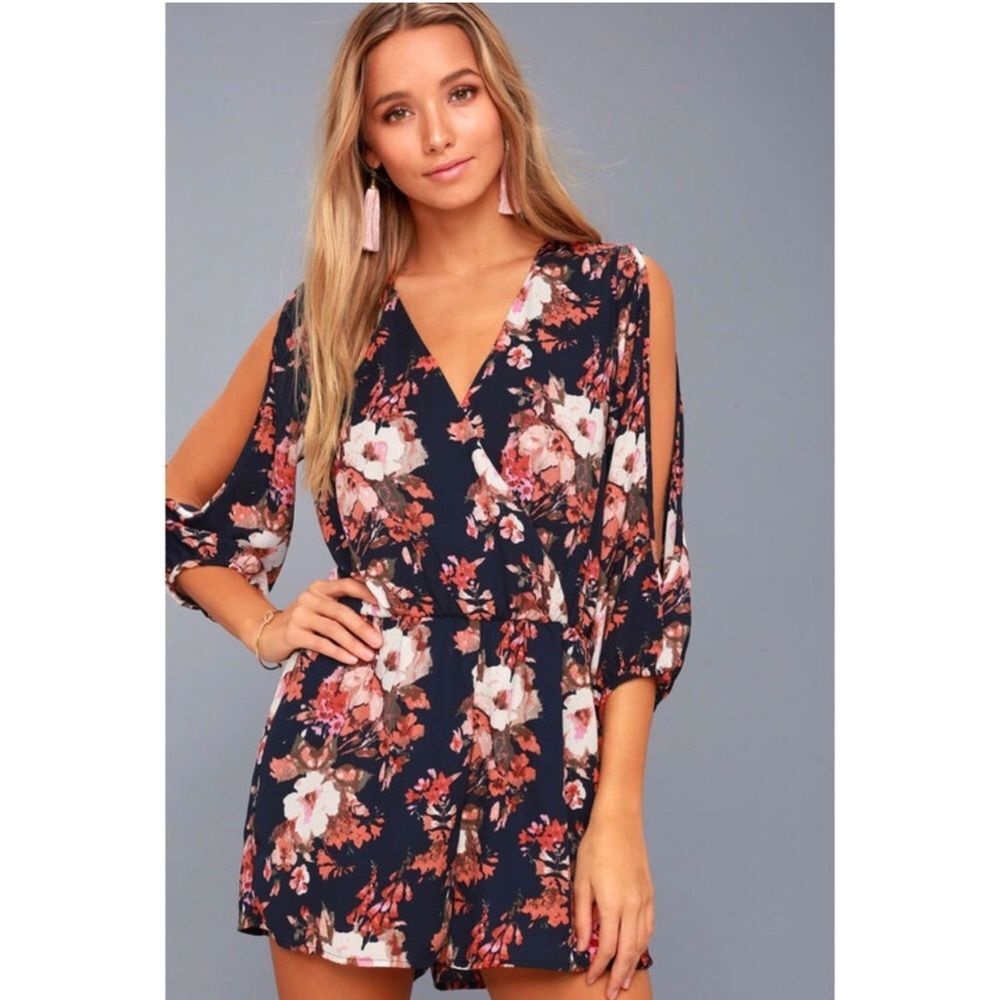 Lulus Luck & Love Floral Floral Print Cold Shoulder Long Sleeve Romper